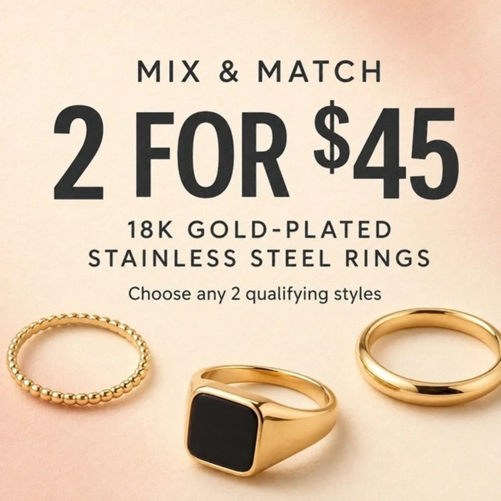 18K Gold‎ Plated Black Square Signet Ring Stainless Steel Waterproof Size 8